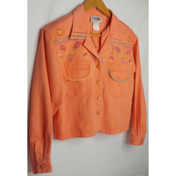 Vintage 80s City Girl Sport Womens 16 Jacket Cropped Canvas Embroidered Peach - Picture 2 of 11